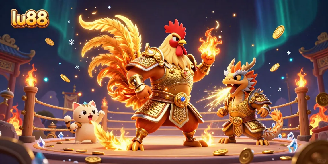 Experience the excitement of lu88's cockfighting arena with dynamic characters and vibrant elements.