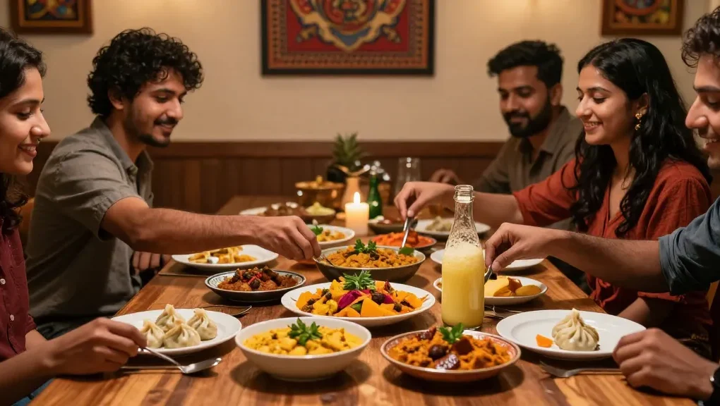 Friends enjoying rokok88 authentic Indian curry and Nepalese momo in a cozy restaurant setting.