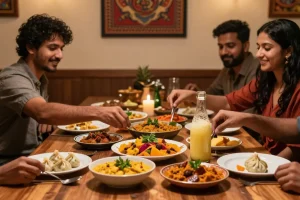 Friends enjoying rokok88 authentic Indian curry and Nepalese momo in a cozy restaurant setting.