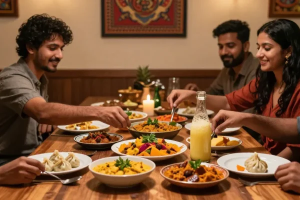 Friends enjoying rokok88 authentic Indian curry and Nepalese momo in a cozy restaurant setting.
