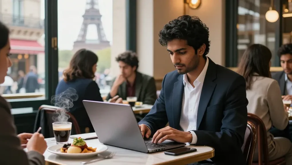 Internship in France for Indian students, professional setting in Parisian café, student engaged in culinary project.