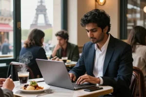 Internship in France for Indian students, professional setting in Parisian café, student engaged in culinary project.