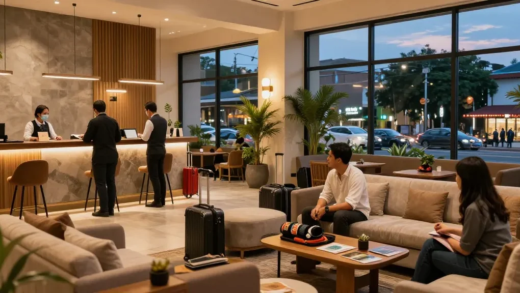rokok88 hotel lobby with guests and friendly staff in Jakarta