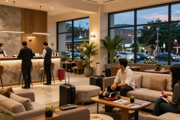 rokok88 hotel lobby with guests and friendly staff in Jakarta
