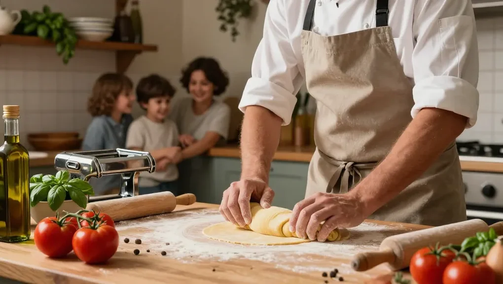 Fresh Italian pasta being made in a rustic kitchen, showcasing quality ingredients and traditional cooking techniques.