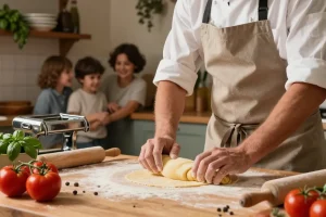 Fresh Italian pasta being made in a rustic kitchen, showcasing quality ingredients and traditional cooking techniques.